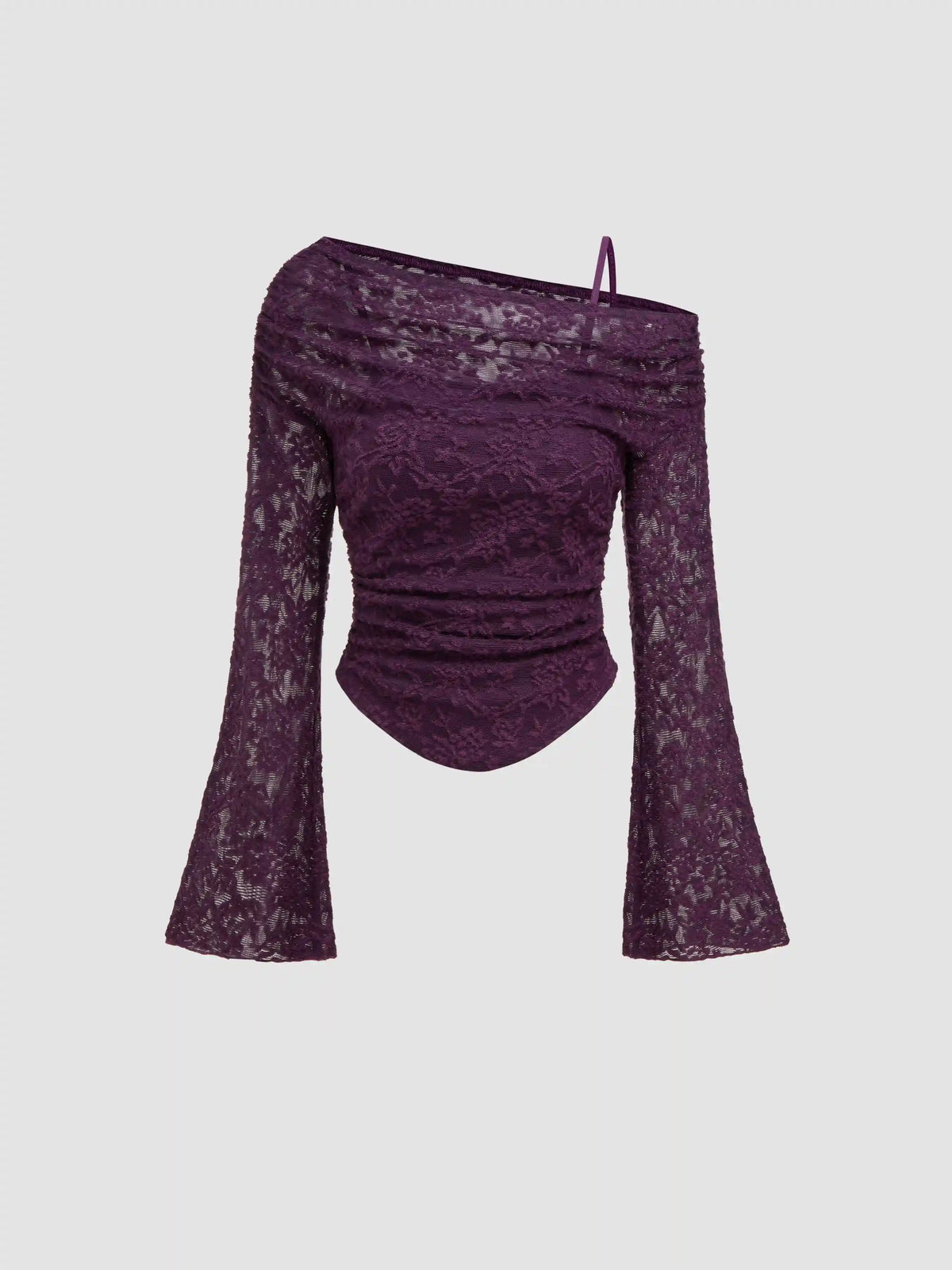 Lace Asymmetrical Neck Floral Curved Hem Long Sleeve Top