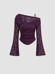 Lace Asymmetrical Neck Floral Curved Hem Long Sleeve Top