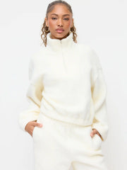Oversized Fleece Collar Zip Through Top & Mid Rise Elastic Waist Jogger Pants Set