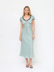 Satin U-neckline Lace Trim Knotted Maxi Dress