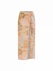 Semi-sheer Low Rise Fruit Graphic Knotted Ruffle Hem Sarong