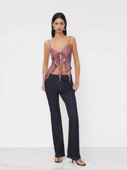 V-neck Floral Tie Front Bow Lace Ruffle Hem Crop Cami Top