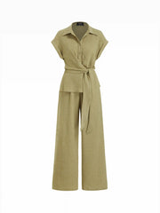 Textured Short Sleeve Draped Wide Leg Jumpsuit