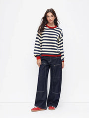 Knit Mohair-blend Striped Contrasting Binding Oversized Top