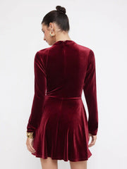 Velvet Stand Collar Ruched Zipper Mini Dress