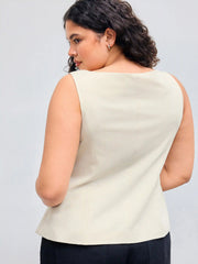 Woven Boat Neck Solid Button Vest Curve & Plus