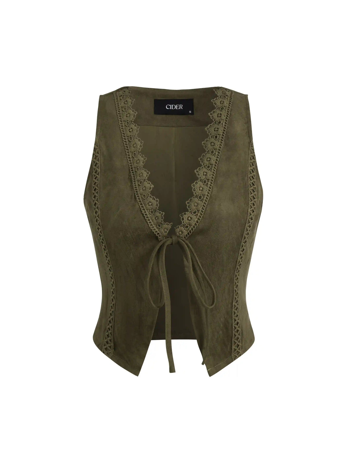 Suede V-Neck Lace Trim Waistcoat