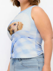 Cotton-blend Dog Graphic Checks Tank Top Curve & Plus