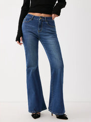 Stretch Washed Denim Low Rise Flared Jeans