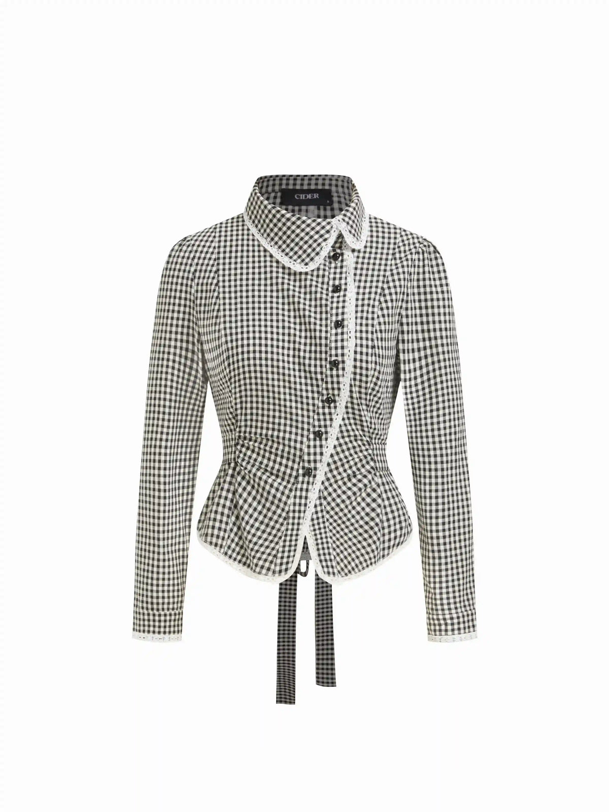Cotton-blend Gingham Peter Pan Collar Broderie Anglaise Bowknot Blouse