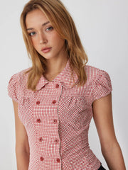 Cotton-blend Gingham Peter Pan Collar Puff Sleeve Double Breasted Blouse
