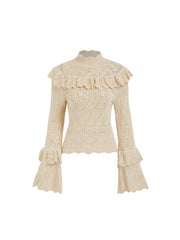 Knit Stand Collar Ruffle Hollow Out Long Sleeve Top