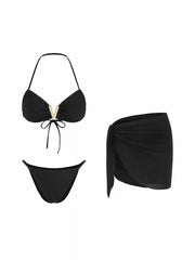 Textured Halter Neckline Metal Detail Bikini Set With Sarong