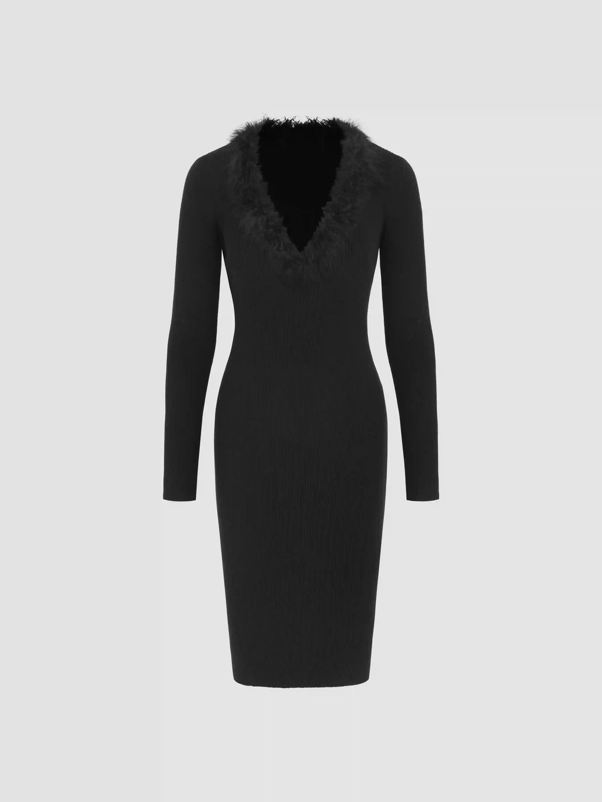 Knitted Sweetheart Fuzzy Trim Midi Dress