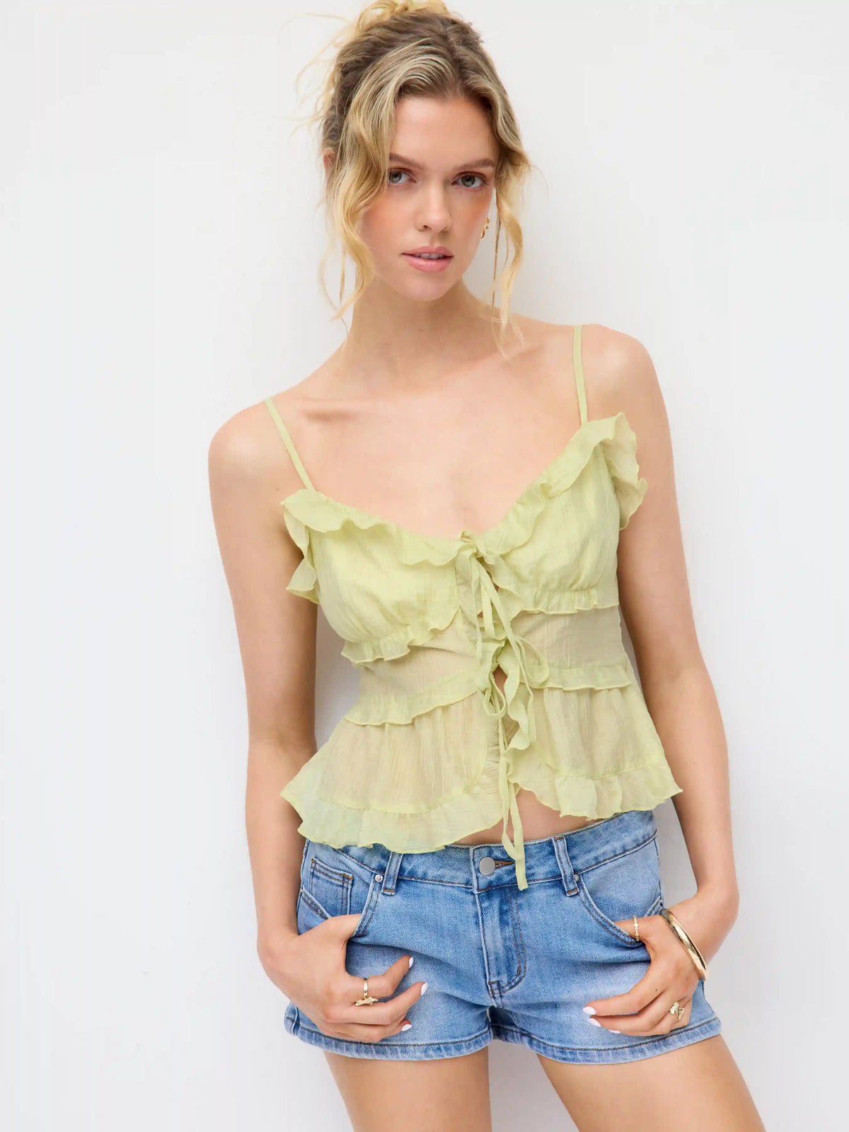 Textured Lyocell-blend V-Neck Ruffled Tie Front Cami Blouse