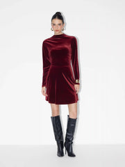 Velvet Stand Collar Ruched Zipper Mini Dress
