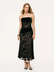 Vestido Maxi Sirena Bandeau de terciopelo y encaje floral y estampado