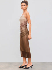 Mesh Square Neck Gradient Ruched Maxi Dress