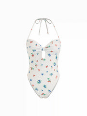 Halter Neckline Fruit Graphic Cut Out Ruched One Piece Swimsuit