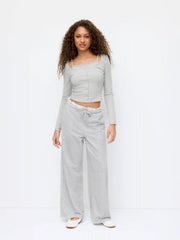 Lace Trim Mid Rise Drawstring Straight Leg Trousers