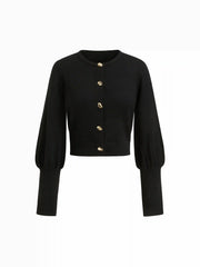 Knit Round Neck Gigot Sleeve Button Metal Detail Cardigan