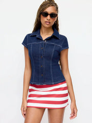 Stretch Denim Washed Short Sleeve Metal Detail Shirt