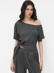 Asymmetrical Neck Short Sleeve Knotted Top & Mid Rise Trousers Set