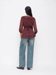 Chiffon V-neck Tie Back Lettuce Trim Ruffle See-through Blouse