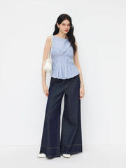 Cotton-blend Boat Neck Stripe Pleated Tank Top