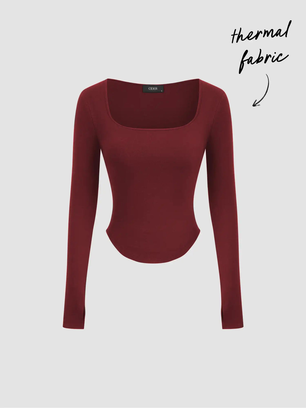 Thermal Cotton-blend Square Neck Solid Thumb Hole Long Sleeve Tee