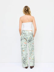 Denim Low Rise Striped Floral Graphic Asymmetrical Metal Detail Wide Leg Jeans