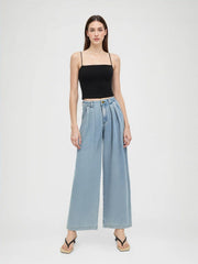 Denim Mid Rise Pleated Wide Leg Jeans