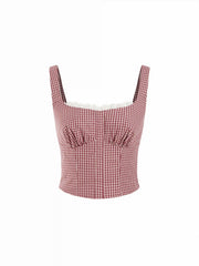 Cotton Square Neck Lace Panel Gingham Top & Mid Rise Bubble Hem Shorts Set