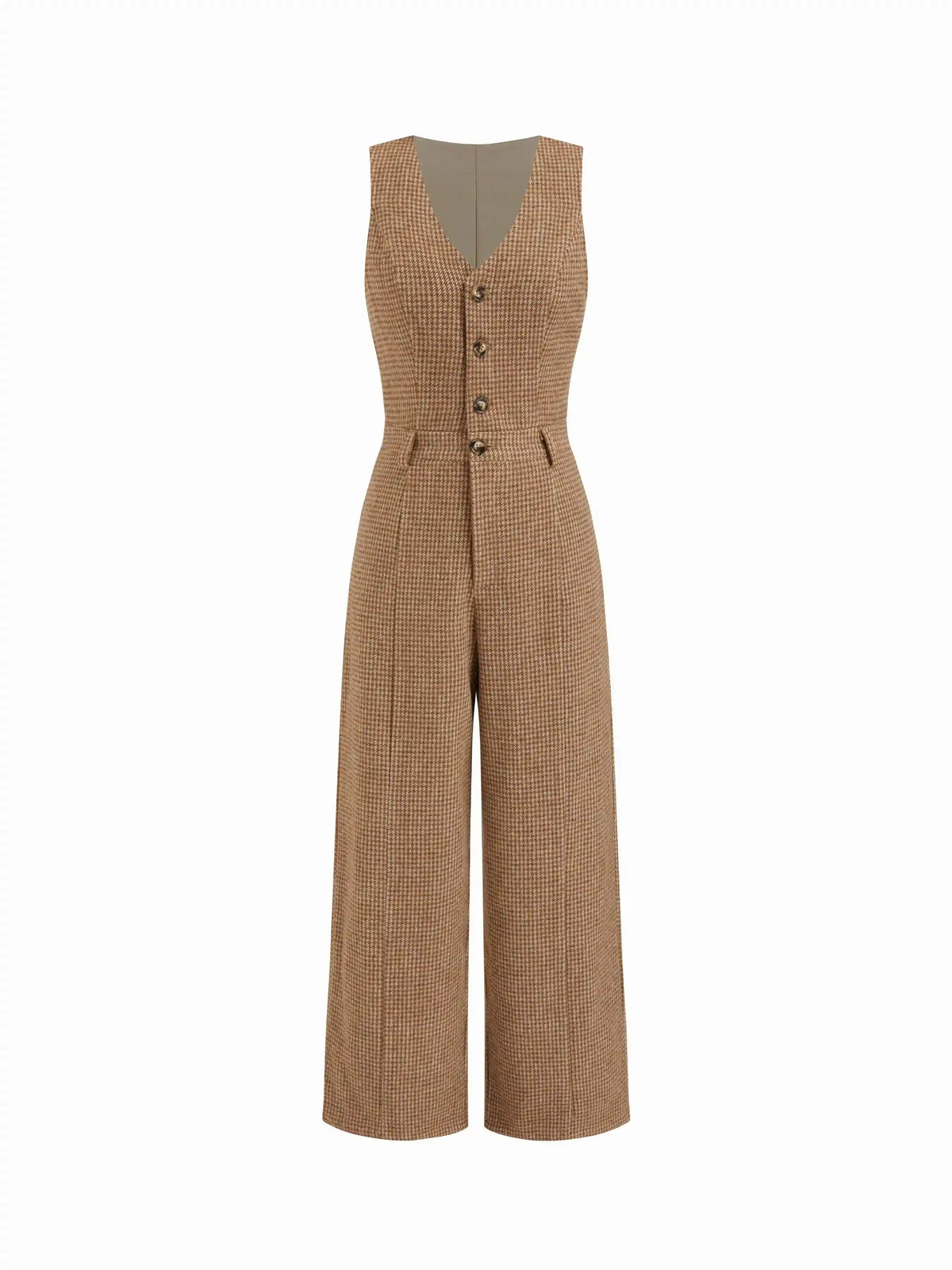 Plaid V-neck High Rise Button Wide Leg Jumpsuit
