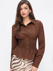 Collar Long Sleeve Shirred Ruffled Hem Blouse