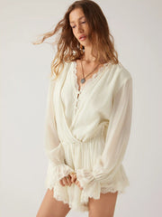 Chiffon V-neck Puff Sleeve Ruched Lace Trim Romper
