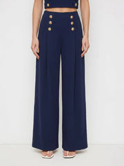 Boat Neck Metal Button Top & Mid Rise Pleated Straight Leg Trousers Set