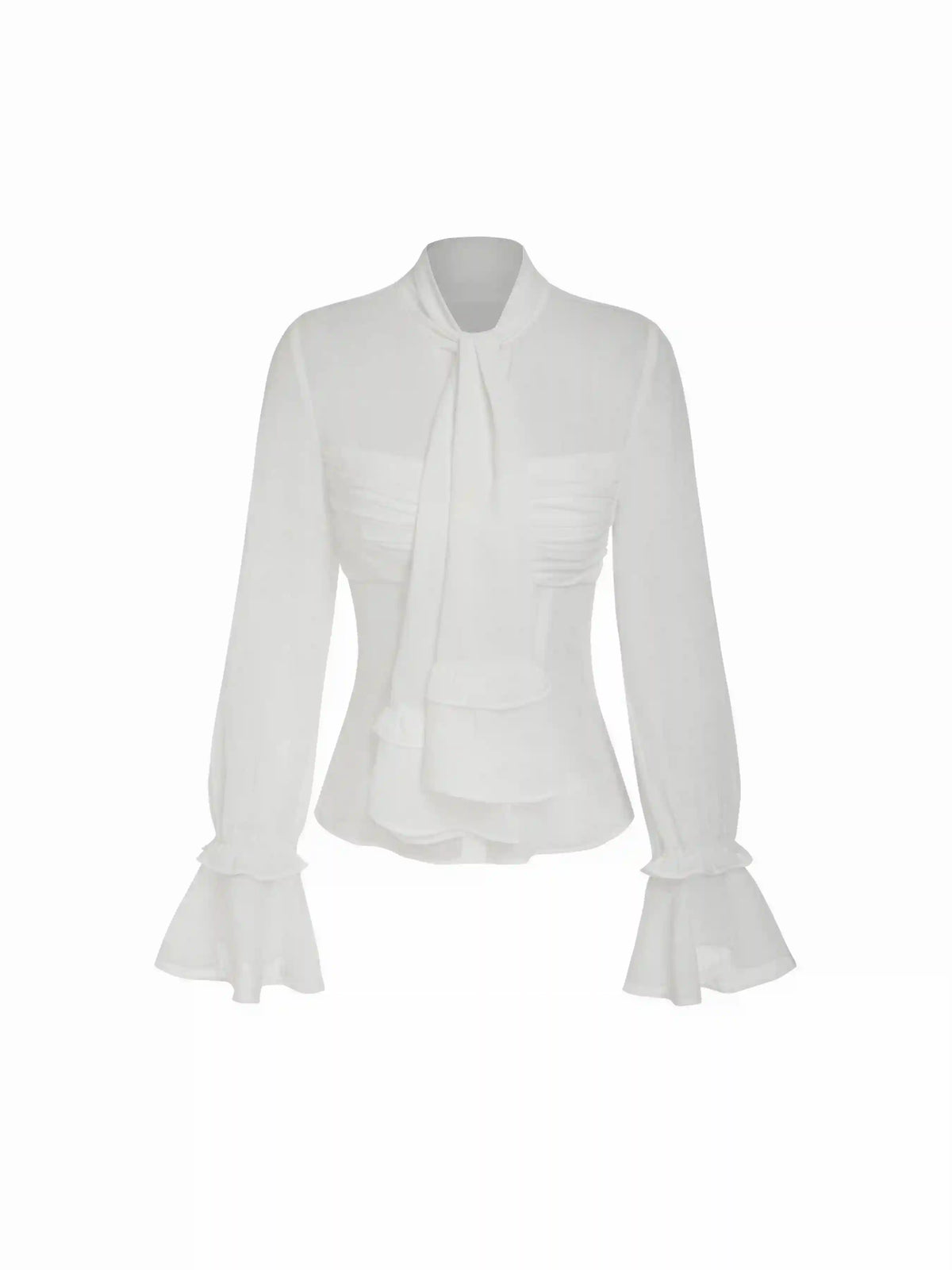 Chiffon Stand Collar Long Sleeve Ruffle Tie Front Ruched Blouse