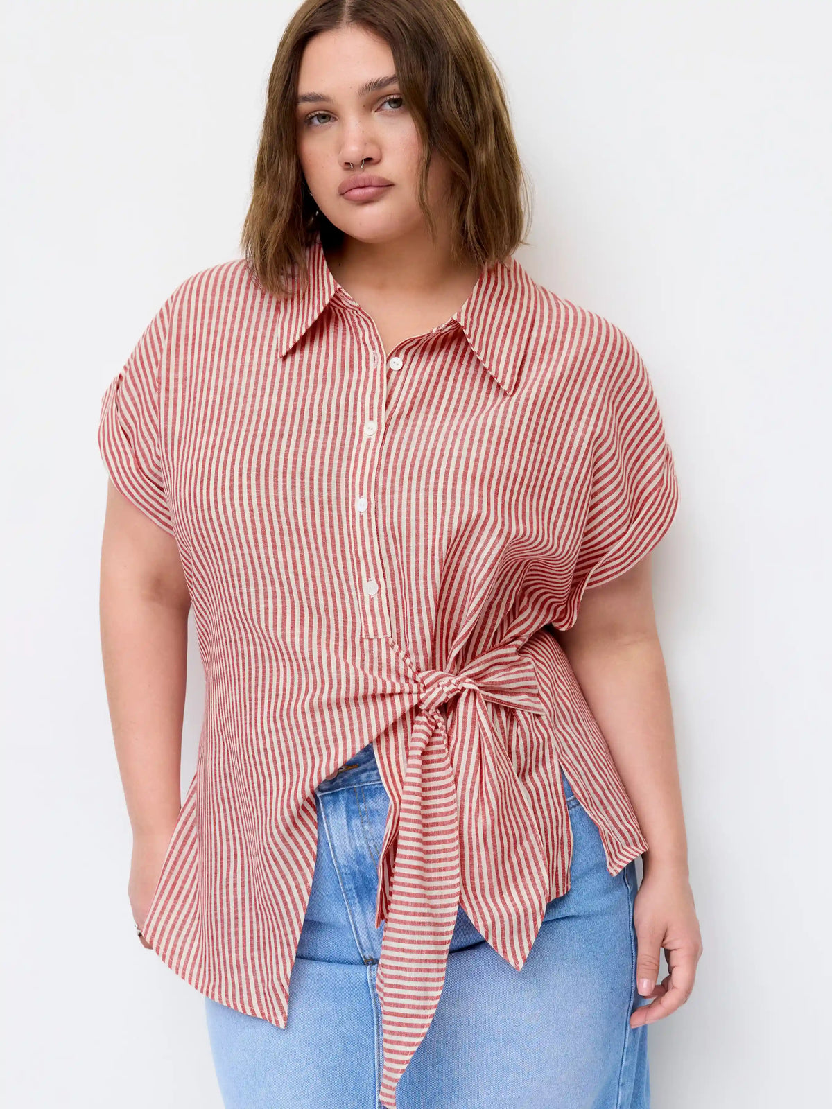 Linen-blend Stripe Asymmetrical Tie-front Blouse Curve & Plus