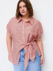 Linen-blend Stripe Asymmetrical Tie-front Blouse Curve & Plus