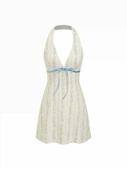 Cotton Floral Halter Neckline Bowknot A-line Mini Dress