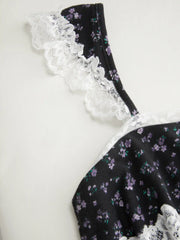 Ditsy Floral Lace Panel Ruffled Sleeve Mermaid Maxi Dress