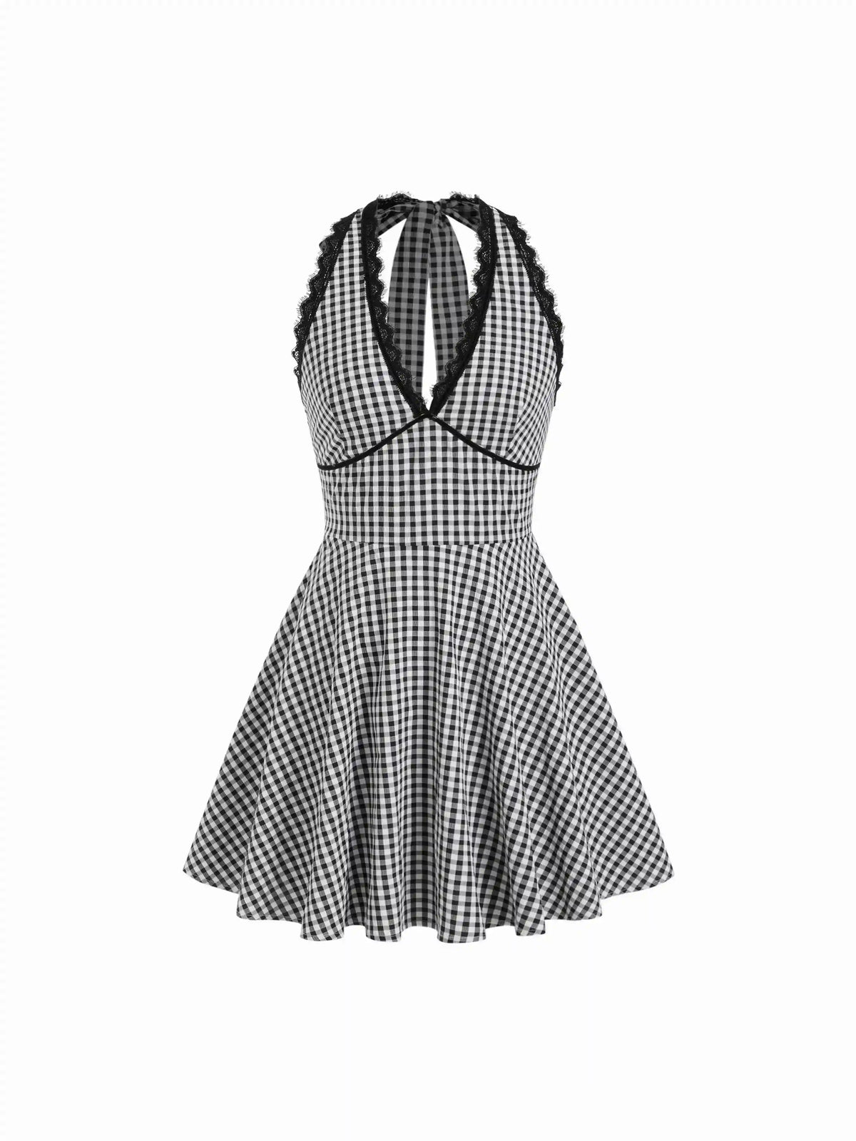 Halter Neckline Checks Lace Trim Tie Back Mini Dress