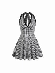 Halter Neckline Checks Lace Trim Tie Back Mini Dress