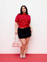 Knit Heart Pattern High Neck Top Curve & Plus