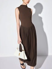 Textured High Neck Draped Straight Maxi Dress