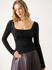 Square Neck Long Sleeve Drawstring Ruched Top