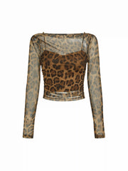 Mesh Leopard Boat Neck Long Sleeve See-through Top With Cami Top