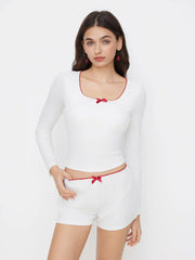 Square Neck Bowknot Contrasting Binding Top With Removable Padding & Mid Rise Shorts Loungewear Set