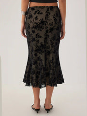 Mesh Mid Rise Floral Mermaid Midi Skirt